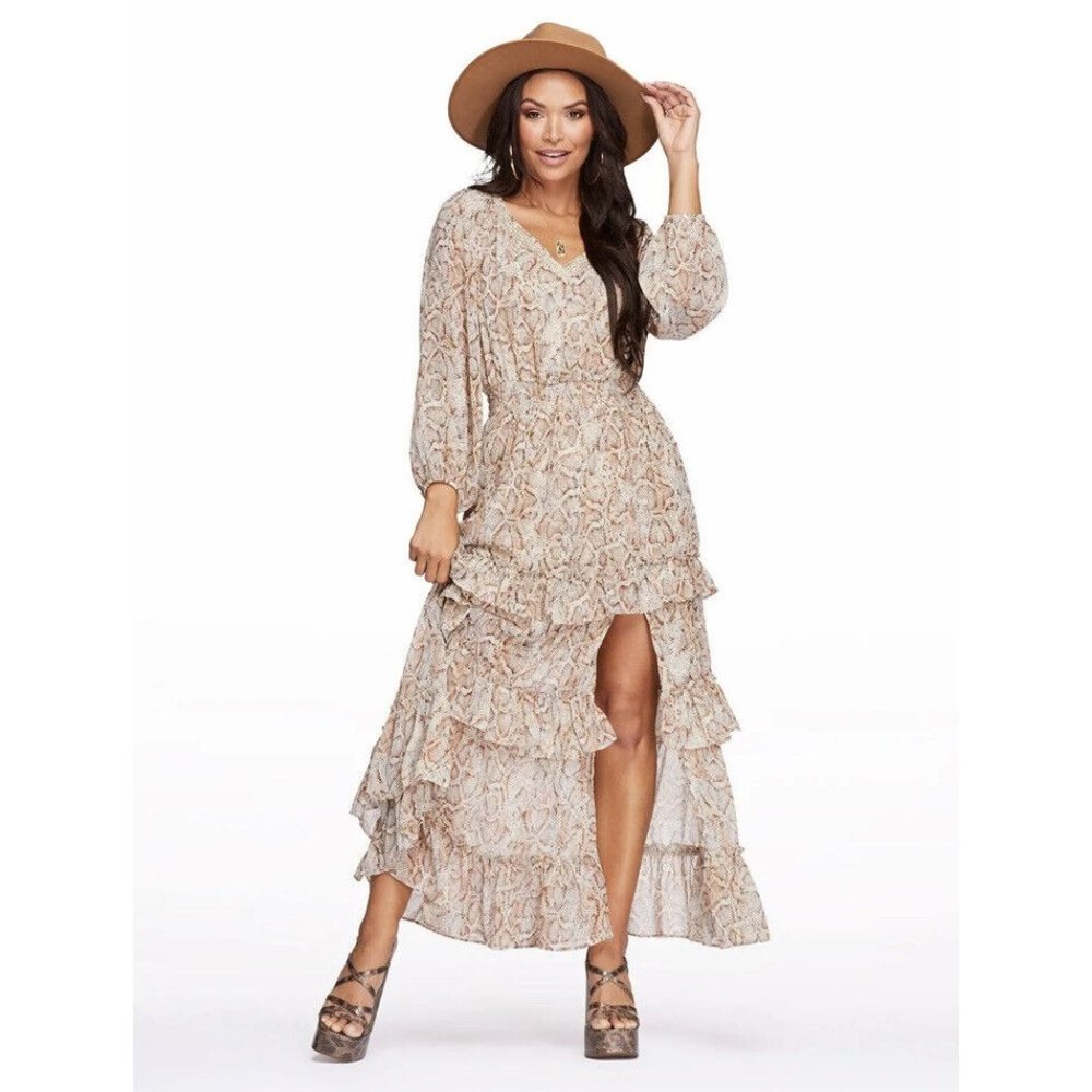Jessica Simpson Kelley V-Neck Tier Maxi Dress Shadow Snake Blight White Size XS